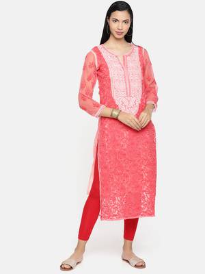 Ada Hand Crafted Carrot Pink Georgette Lucknowi Chikankari Indian Women Kurta With Slip - A235642 1
