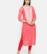 Ada Hand Crafted Carrot Pink Georgette Lucknowi Chikankari Indian Women Kurta With Slip - A235642