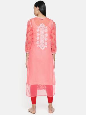 Ada Hand Crafted Carrot Pink Georgette Lucknowi Chikankari Indian Women Kurta With Slip - A235642 2