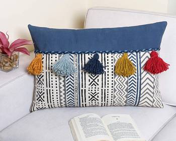 Navy Blue Cotton Hand Block Print Multi Tassel Rectangle Cushion Cover 1