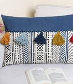 Navy Blue Cotton Hand Block Print Multi Tassel Rectangle Cushion Cover