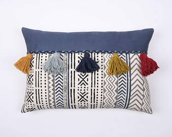 Navy Blue Cotton Hand Block Print Multi Tassel Rectangle Cushion Cover 2
