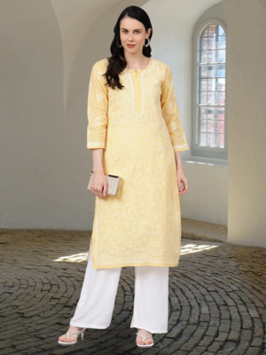 Hand Embroidered Yellow Cotton Lucknow Chikan Women Kurta 1