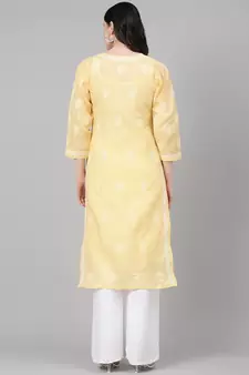 Hand Embroidered Yellow Cotton Lucknow Chikan Women Kurta