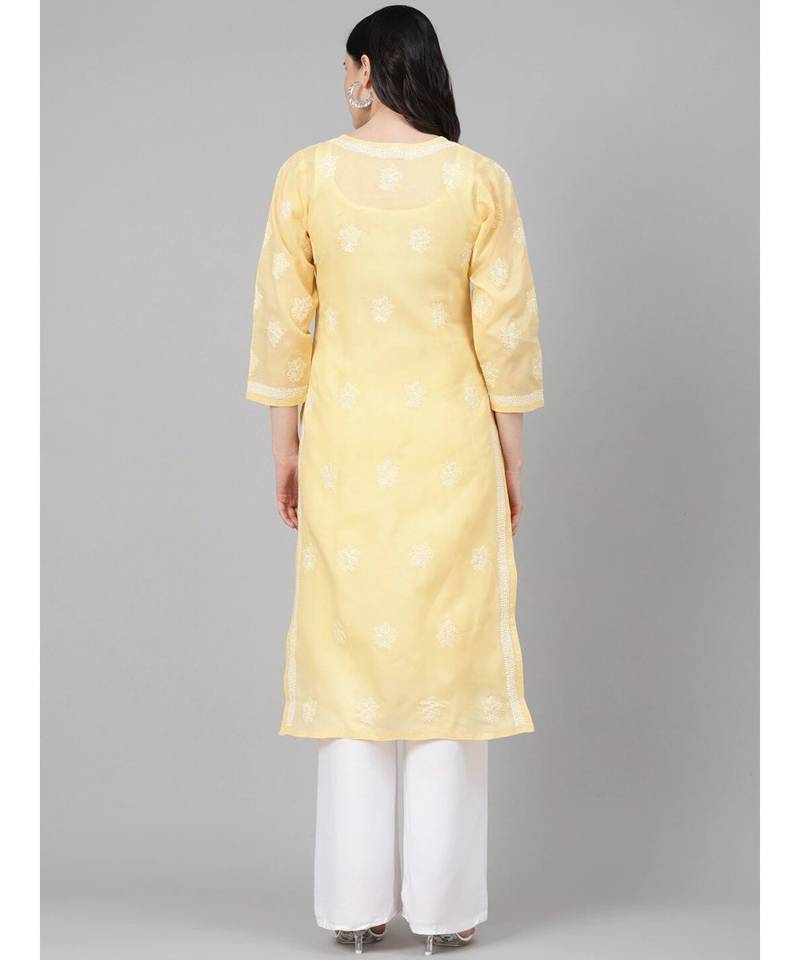 Hand Embroidered Yellow Cotton Lucknow Chikan Women Kurta
