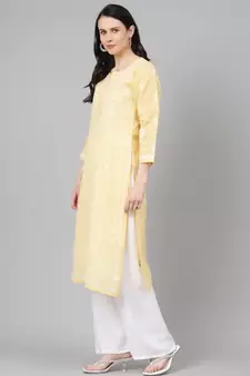 Hand Embroidered Yellow Cotton Lucknow Chikan Women Kurta