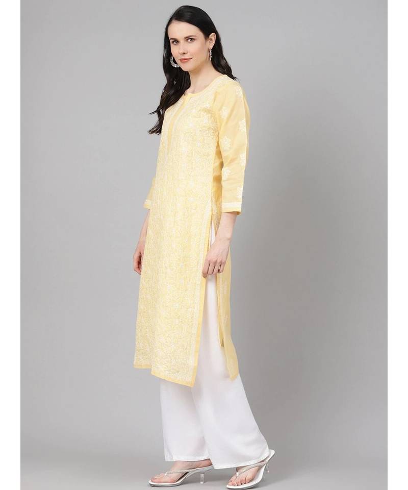 Hand Embroidered Yellow Cotton Lucknow Chikan Women Kurta