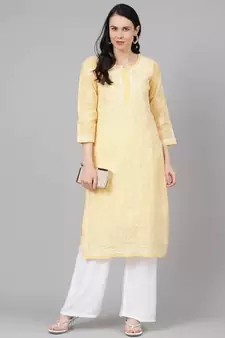 Hand Embroidered Yellow Cotton Lucknow Chikan Women Kurta