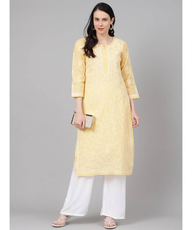 Hand Embroidered Yellow Cotton Lucknow Chikan Women Kurta