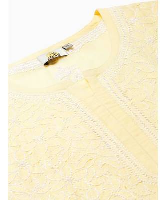 Hand Embroidered Yellow Cotton Lucknow Chikan Women Kurta 5