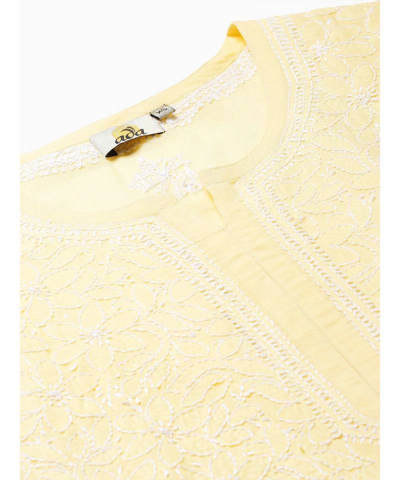 Hand Embroidered Yellow Cotton Lucknow Chikan Women Kurta