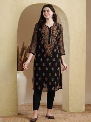 Hand Embroidered Black Georgette Lucknowi Chikan Women Kurti With Slip 1
