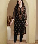 Hand Embroidered Black Georgette Lucknowi Chikan Women Kurti With Slip