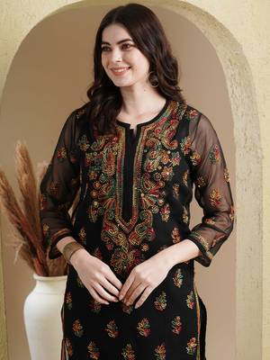 Hand Embroidered Black Georgette Lucknowi Chikan Women Kurti With Slip 2