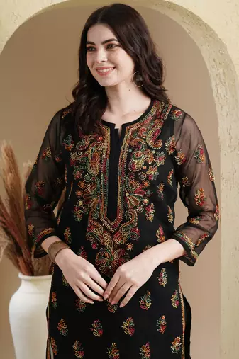 Hand Embroidered Black Georgette Lucknowi Chikan Women Kurti With Slip
