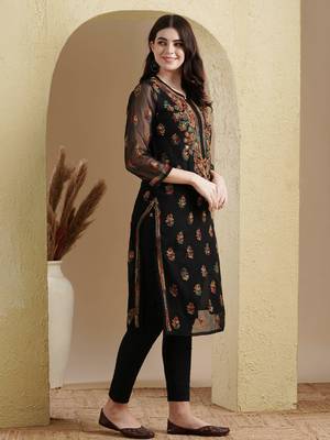 Hand Embroidered Black Georgette Lucknowi Chikan Women Kurti With Slip 3