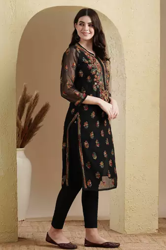 Hand Embroidered Black Georgette Lucknowi Chikan Women Kurti With Slip