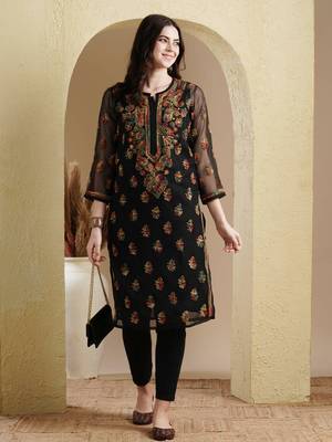 Hand Embroidered Black Georgette Lucknowi Chikan Women Kurti With Slip 4
