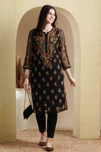 Hand Embroidered Black Georgette Lucknowi Chikan Women Kurti With Slip