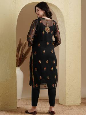 Hand Embroidered Black Georgette Lucknowi Chikan Women Kurti With Slip 5