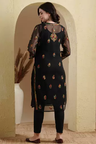 Hand Embroidered Black Georgette Lucknowi Chikan Women Kurti With Slip