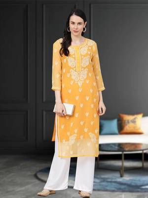 Hand Embroidered Mustard Georgette Lucknow Chikan Women Kurta With Slip 1