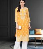 Hand Embroidered Mustard Georgette Lucknow Chikan Women Kurta With Slip