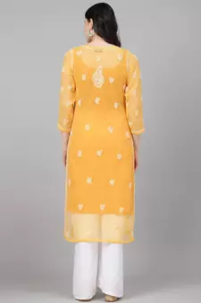 Hand Embroidered Mustard Georgette Lucknow Chikan Women Kurta With Slip
