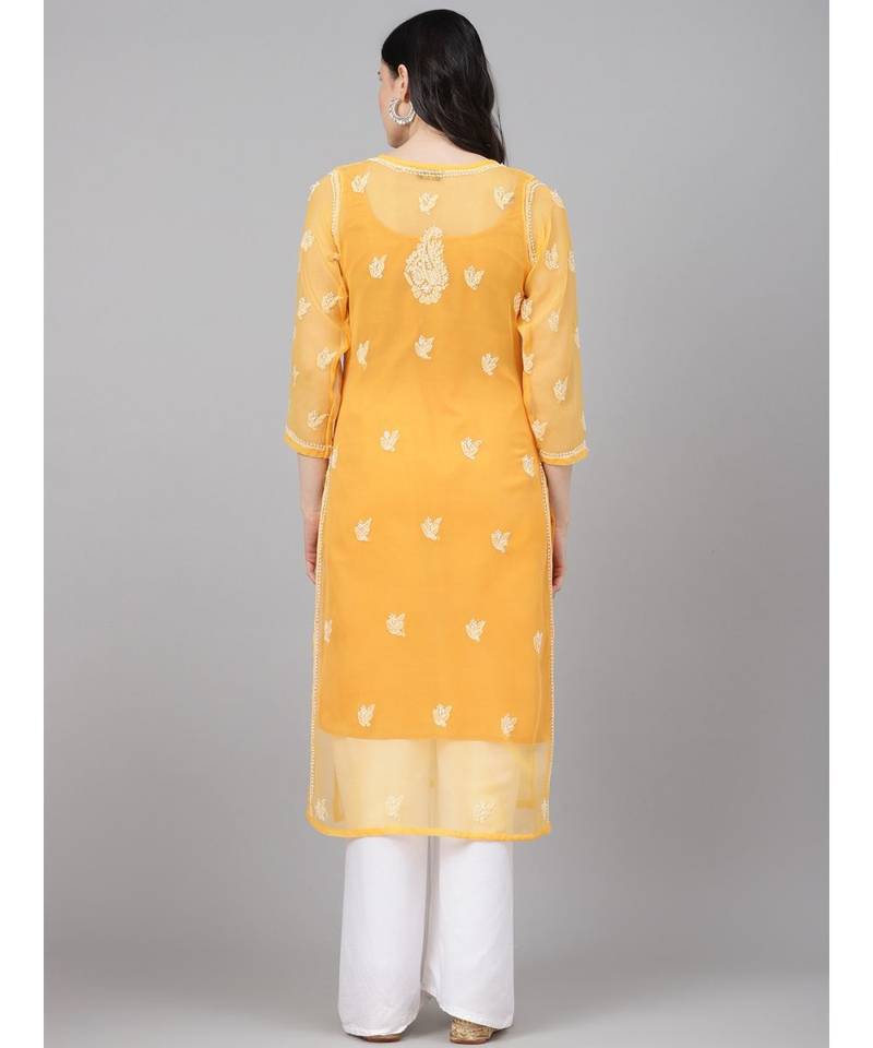 Hand Embroidered Mustard Georgette Lucknow Chikan Women Kurta With Slip