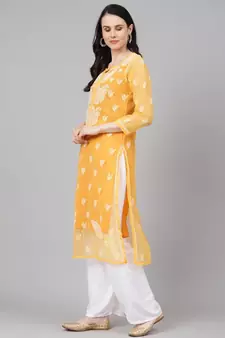 Hand Embroidered Mustard Georgette Lucknow Chikan Women Kurta With Slip