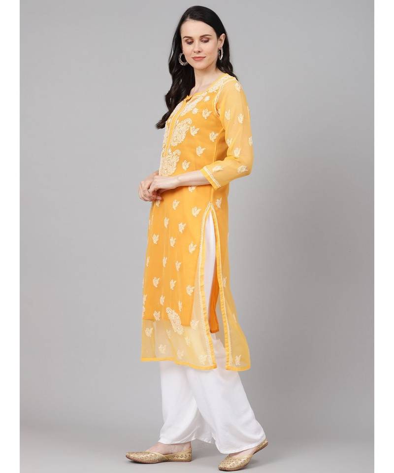 Hand Embroidered Mustard Georgette Lucknow Chikan Women Kurta With Slip