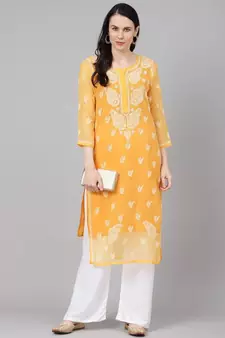 Hand Embroidered Mustard Georgette Lucknow Chikan Women Kurta With Slip
