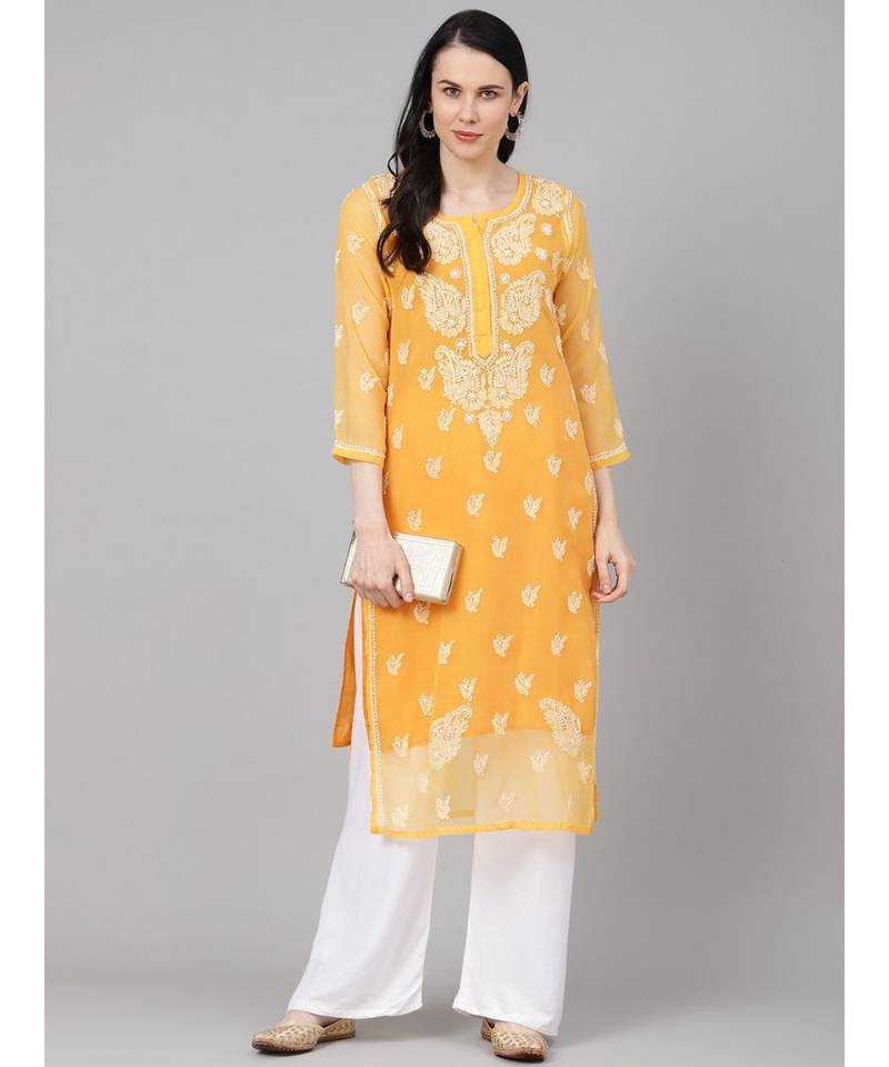 Hand Embroidered Mustard Georgette Lucknow Chikan Women Kurta With Slip