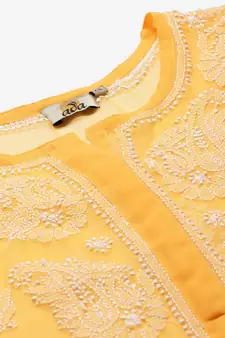 Hand Embroidered Mustard Georgette Lucknow Chikan Women Kurta With Slip