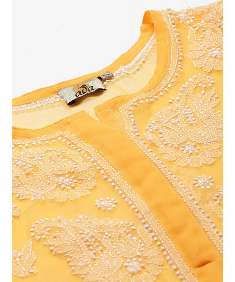 Hand Embroidered Mustard Georgette Lucknow Chikan Women Kurta With Slip