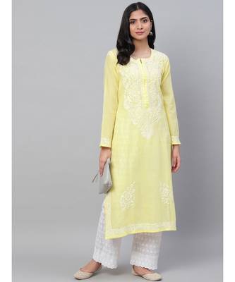Ada Hand Embroidered Yellow Chanderi Lucknow Chikan Kurti-A411164 1