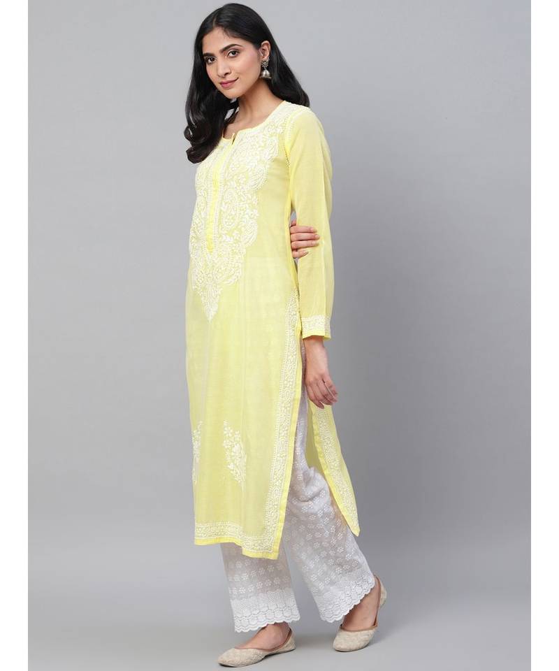 Ada Hand Embroidered Yellow Chanderi Lucknow Chikan Kurti-A411164