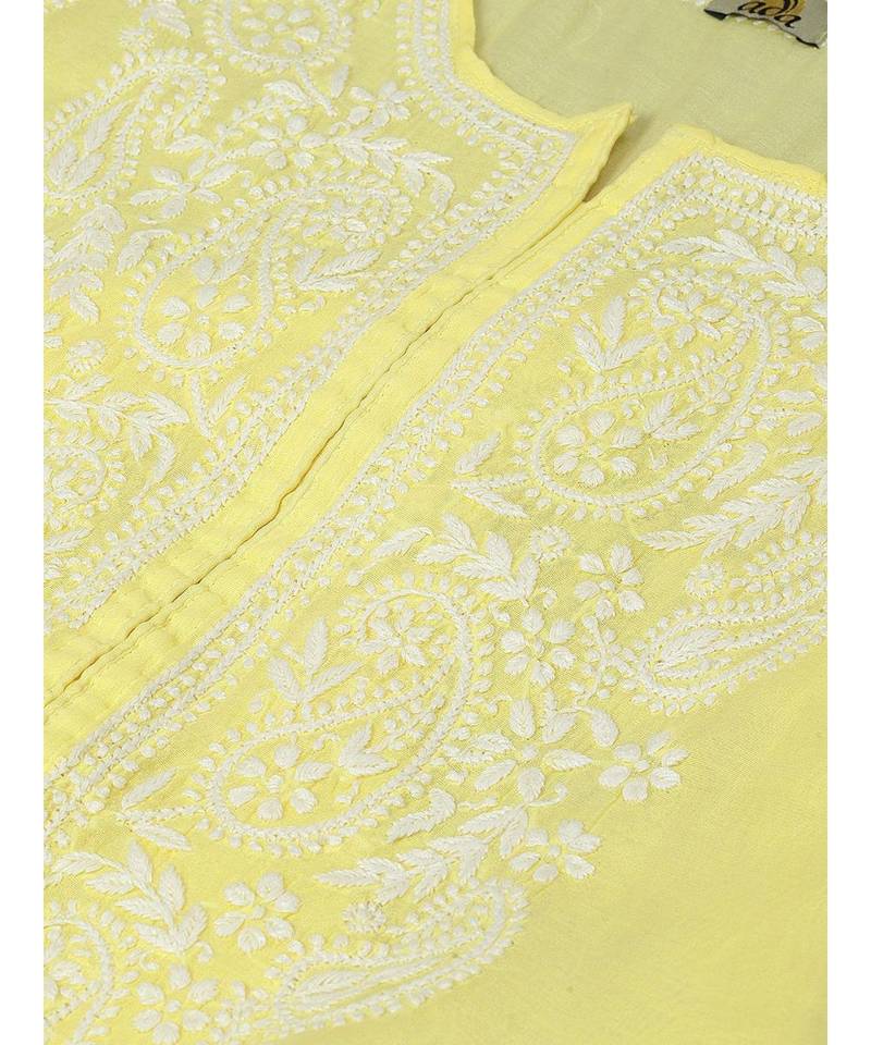 Ada Hand Embroidered Yellow Chanderi Lucknow Chikan Kurti-A411164