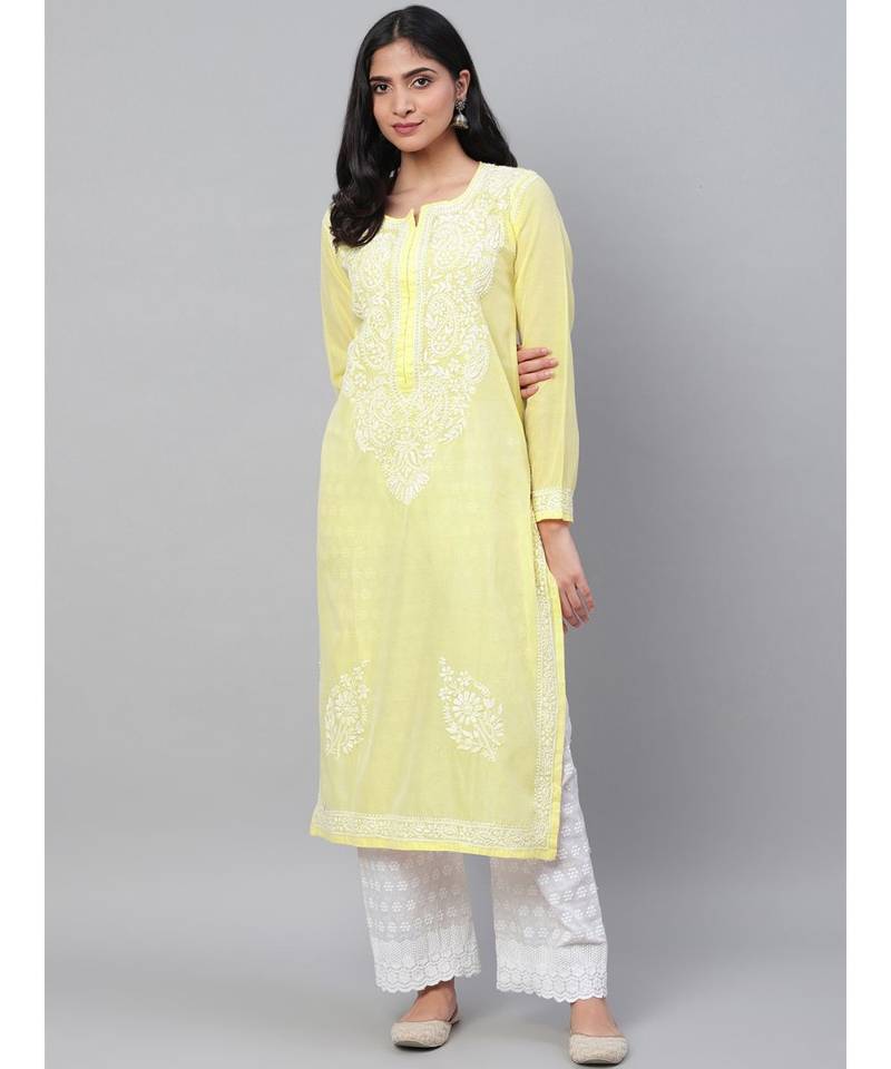 Ada Hand Embroidered Yellow Chanderi Lucknow Chikan Kurti-A411164