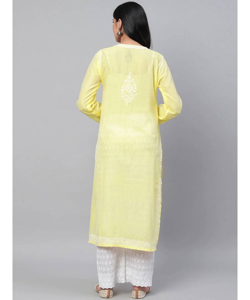 Ada Hand Embroidered Yellow Chanderi Lucknow Chikan Kurti-A411164