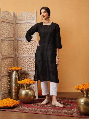 Hand Embroidered Black Cotton Lucknow Chikan Women Kurti 1