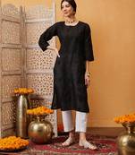 Hand Embroidered Black Cotton Lucknow Chikan Women Kurti