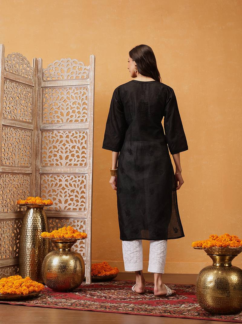 Hand Embroidered Black Cotton Lucknow Chikan Women Kurti