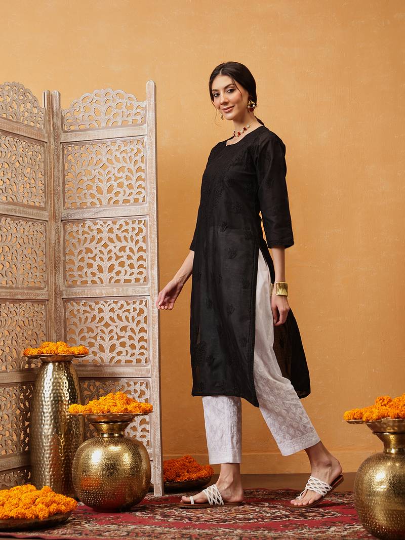 Hand Embroidered Black Cotton Lucknow Chikan Women Kurti