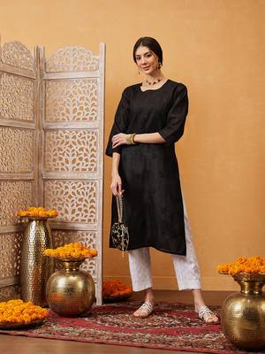 Hand Embroidered Black Cotton Lucknow Chikan Women Kurti 4