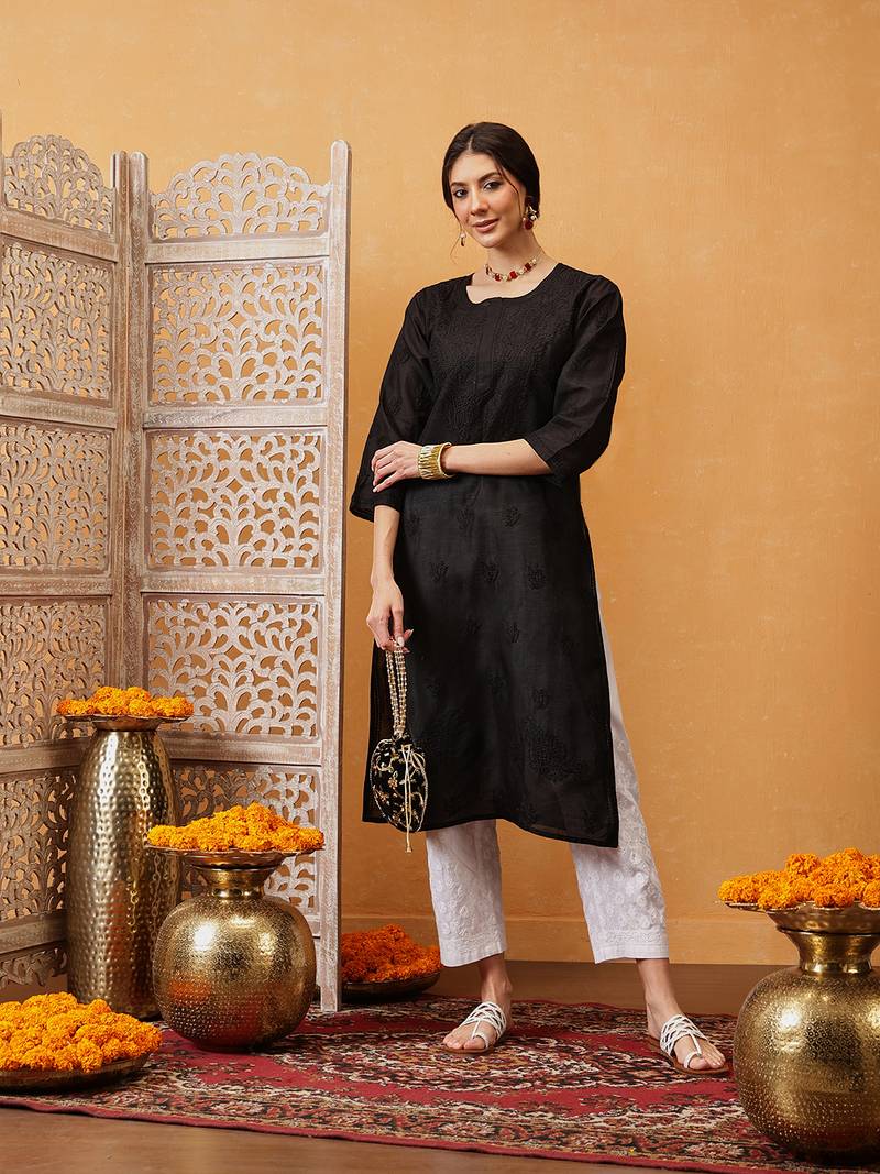 Hand Embroidered Black Cotton Lucknow Chikan Women Kurti