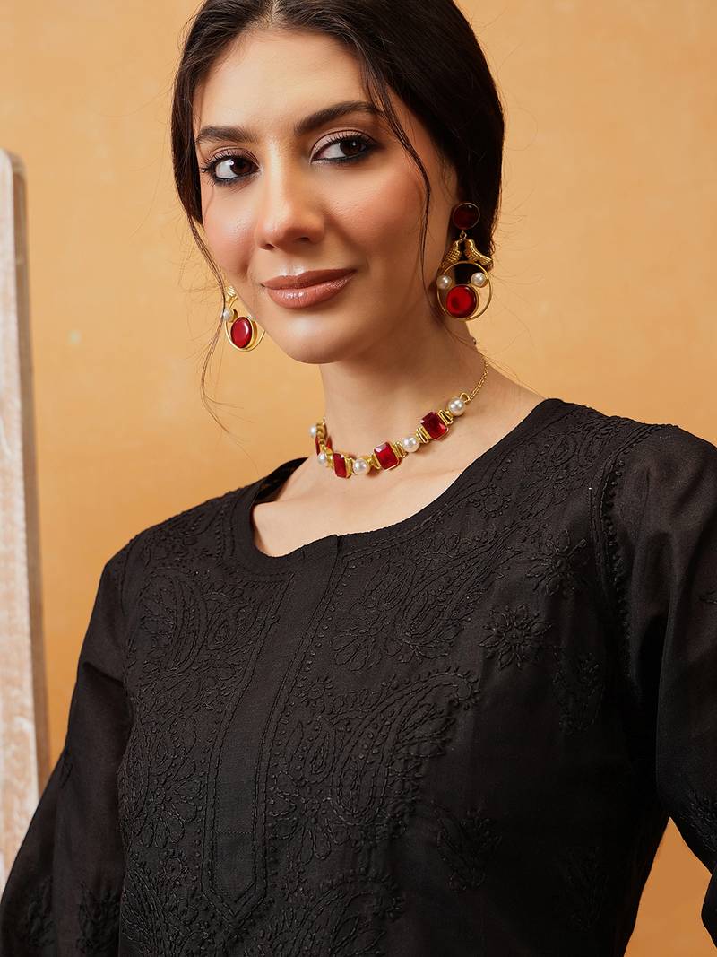 Hand Embroidered Black Cotton Lucknow Chikan Women Kurti
