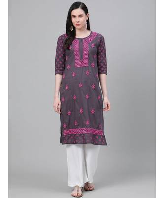 Hand Embroidered Grey Cotton Lucknow Chikan Women Kurta 1