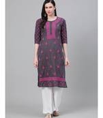 Hand Embroidered Grey Cotton Lucknow Chikan Women Kurta