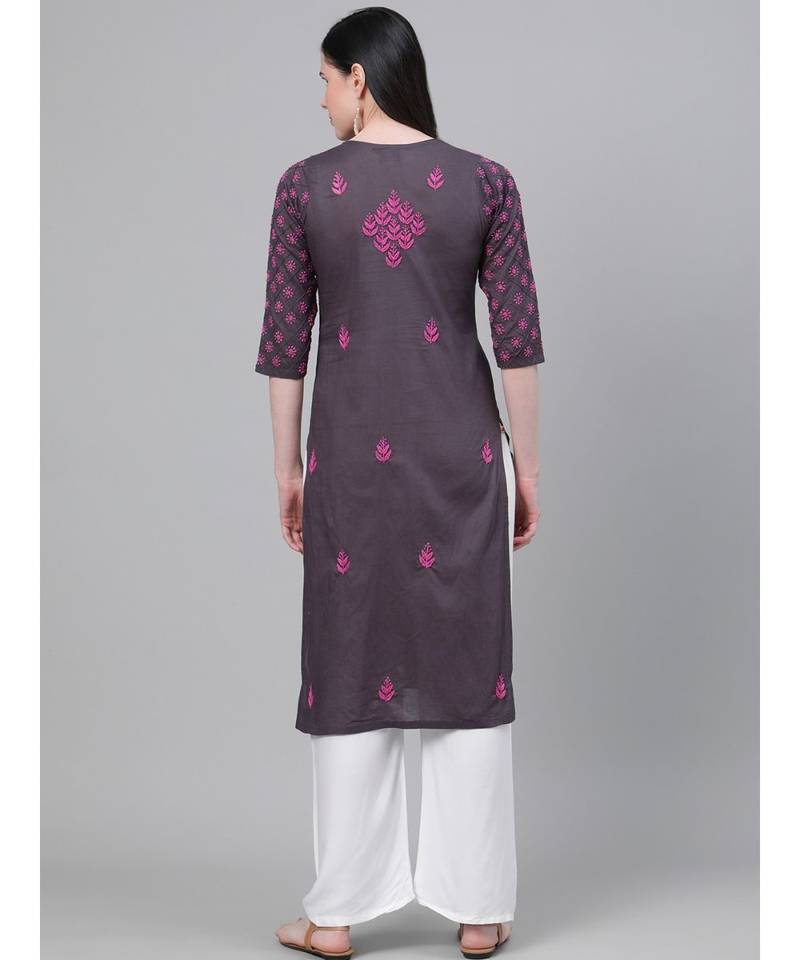 Hand Embroidered Grey Cotton Lucknow Chikan Women Kurta